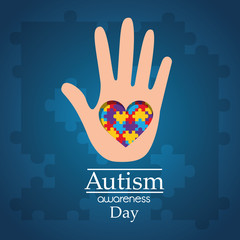 autism awareness day hand with puzzle heart care disease vector illustration
