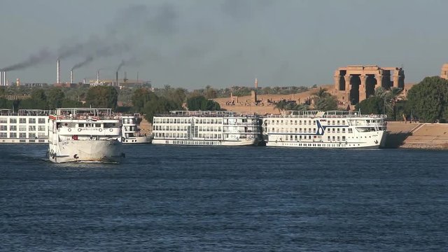 Nile River Liners Leave Mooring; Kom Ombo; Kom Ombo, Egypt