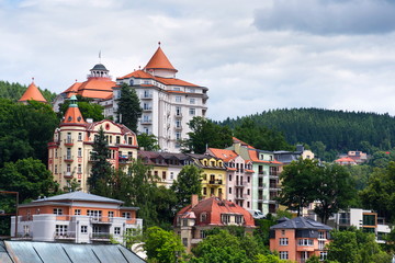 Beautiful panoramic view of houses in spa town Karlovy Vary, Czech Republic