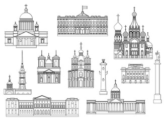 Cartoon symbols and objects set of St. Petersburg. Popular tourist architectural objects: Winter Palace, Palace bridge, Admiralty, Isaac cthedral, Kazan cathedral and another sights.
