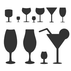 Set of different wine-glass silhouettes of goblets isolated on white background.