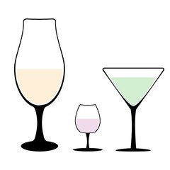 Set of different wine-glass silhouettes of goblets with wine or drinks isolated on white background. Alkohol vector illustration.