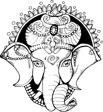 Illustration of an elephant ganesha, a Hindu god. Black and white drawing