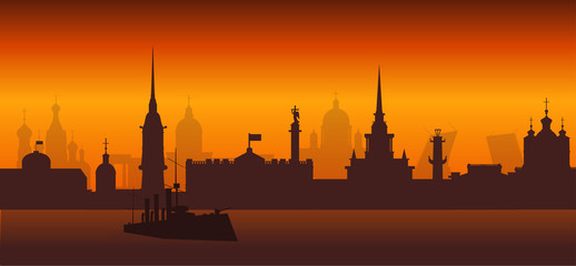 Panorama of Saint Petersburg flat style vector illustration. Petersburg architecture. Cartoon Russia symbols and objects. Night St. Petersburg
