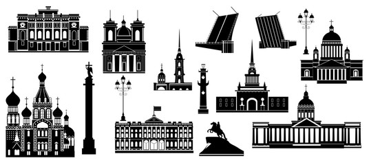 Cartoon symbols and objects set of St. Petersburg. Popular tourist architectural objects: Winter Palace,  Palace bridge, Admiralty, Isaac cthedral, Kazan cathedral and another sights.
