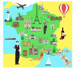 France travel map with sights flat style vector illustration. Popular buildings for tourists. French map. Tourism and travel.
