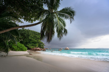 Fototapeta na wymiar Anse Lazio beach after rain, Praslin island, Seychelles