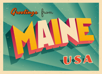 Vintage Touristic Greetings from Maine, USA Postcard - Vector EPS10. Grunge effects can be easily removed for a brand new, clean sign. - obrazy, fototapety, plakaty