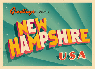 Vintage Touristic Greetings from New Hampshire, USA Postcard - Vector EPS10. Grunge effects can be easily removed for a brand new, clean sign. - obrazy, fototapety, plakaty
