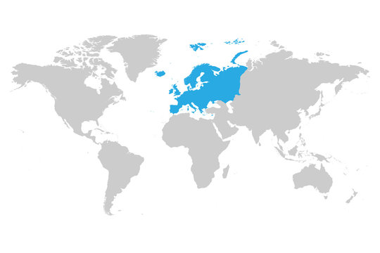 Europe continent blue marked in grey silhouette of World map. Simple flat vector illustration. © pyty