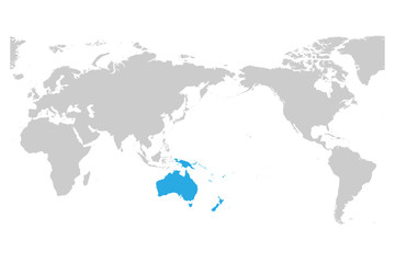 Plakat Austtralia and Oceania continent blue marked in grey silhouette of World map. Simple flat vector illustration.