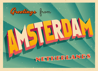 Fototapeta premium Vintage Turystyczny Greeting Card - Amsterdam, Holandia - wektor Eps10. Efekty grunge można łatwo usunąć, aby uzyskać zupełnie nowy, czysty znak.