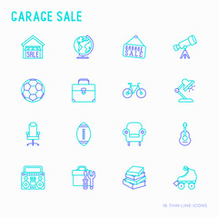 Garage sale, flea market thin line icons set: signboard, globe, telescope,guitar, rollers, armchair, toolbox, soccer ball. Modern vector illustration.