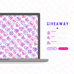 GIveaway or gifts concept with thin line icons set: present in hand, trolley, cart, truck, envelope. Modern vector illustration, web page template.