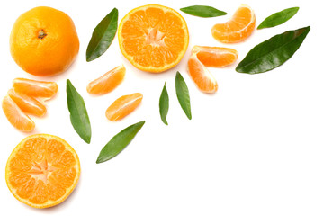 mandarin with slices and green leaf isolated on white background top view