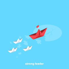 a flotilla of paper ships sails headed by the flagship in the given direction, an isometric image
