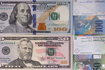 100 dollar 50 swiss franc money background.
