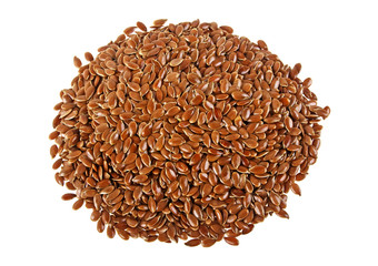 Pile of flax seeds, white background