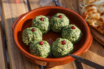 Pkhali, Georgian dish with spinach, nuts, beets and herbs.