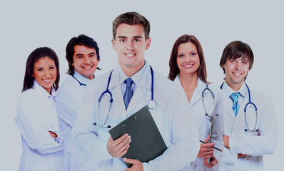 Smiling medical doctor with stethoscope. Isolated over white background.