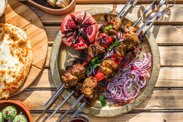Shish kebab or shashlik, grilled meat skewers, traditional georgian dish, top view - 188604500