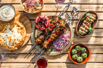 Shish kebab or shashlik, grilled meat skewers, traditional georgian dish, top view