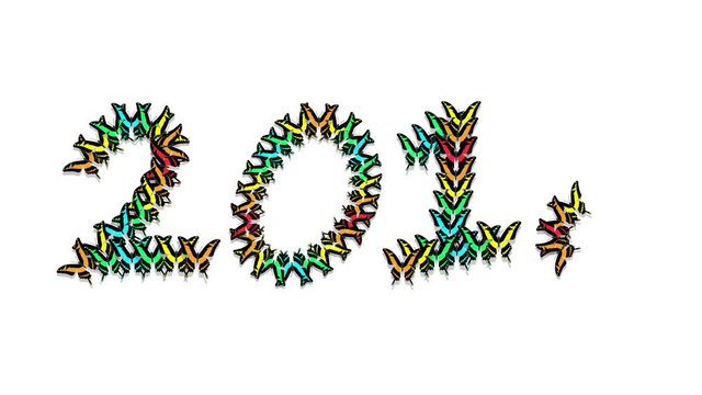 animation appearance in the form of an inscription 2018, multi-colored exotic butterflies