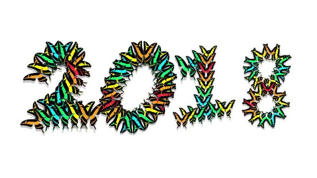 animation appearance in the form of an inscription 2018, multi-colored exotic butterflies