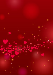 Beautiful love background for Valentines day design or greeting card. Vector illustration with hearts and sparkles on red backdrop