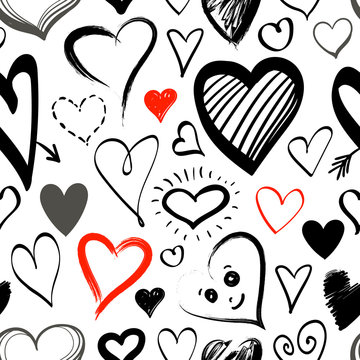 Doodle line heart icons seamless pattern on white background for your Valentines day design. Vector hand drawn sketch illustration