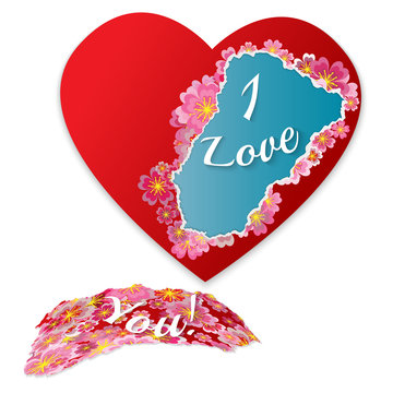 Torn paper heart with flowers and phrase - I love you. Fashionable modern frame for your text. Vector