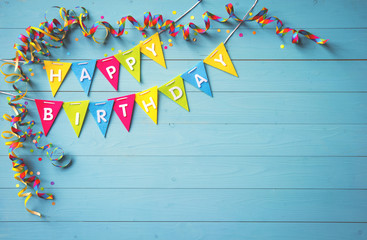 Fototapeta na wymiar Happy birthday party background with text and colorful tools