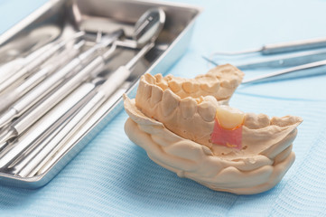 Fototapeta na wymiar Steel dental instruments in a metal tray, prosthesis