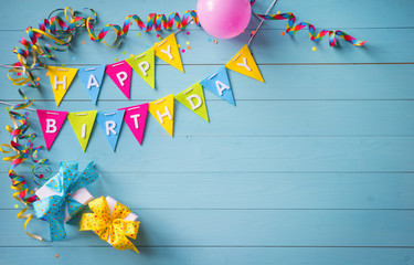 Happy birthday party background with text and colorful tools