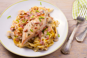 Chicken breast and egg noodles with bacon and mushrooms in creamy sauce. horizontal