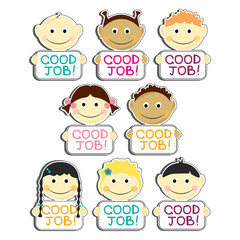 Kids with Good Job label plates set vector illustration. Portraits with smile and various hairstyle