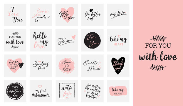 set of black, white and pink love lettering, for valentines day design poster, greeting card, photo album, banner, calligraphy vector illustration collection