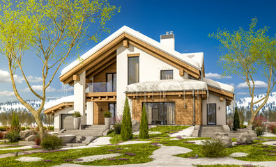 Fototapeta na wymiar 3d rendering of spring modern cozy house in chalet style