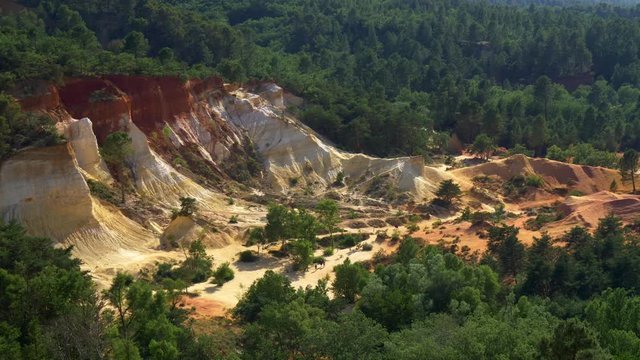 Panoramic view of Ochre Quarry in Colorado Provencal. Rustrel, France. 4K, UHD