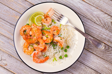 Shrimps with rice and peas. View from above, top, horizontal