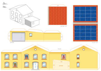 Papercraft model of a house with solar thermal collector on the roof, photovoltaic technology - cut-out sheet for making a scale model house and for promotion of ecological education.