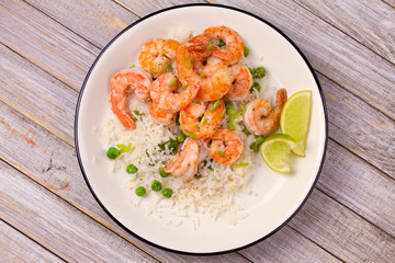 Shrimps with rice and peas. View from above, top, horizontal