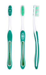 Three views of green toothbrush isolated on a white background. Top view, close up.