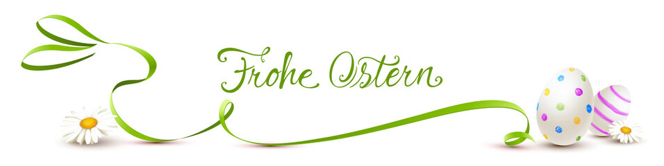 Geschwungene Schleife Osterhase mit bemalten Ostereiern und Kalligraphie - Frohe Ostern 