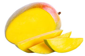 Whole and slice mango on white
