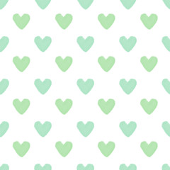 Green hearts on white background. Seamless pattern.