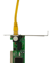 Ethernet network card  with yellow patch cords top view. There are place for text in the right.