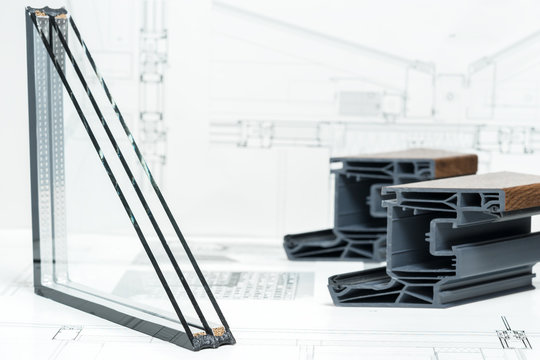 A cross section of window Design of pvc profiles for window, triple glazing cross selection, technical drawing on background