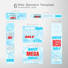 Web banners of Winter Mega Sale vector set of standard size on the light blue hexagon background.