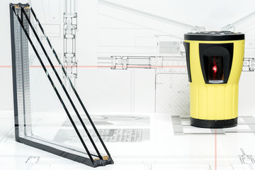 A cross section of window triple glazing cross selection and Laser level measuring tool, technical...